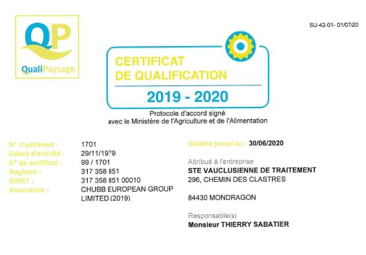 Certification QualiPaysage Enteprise Marius Sabatier